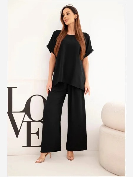 Dámsky komplet Plus Size blúzka a nohavice so širokými nohavicami čierny