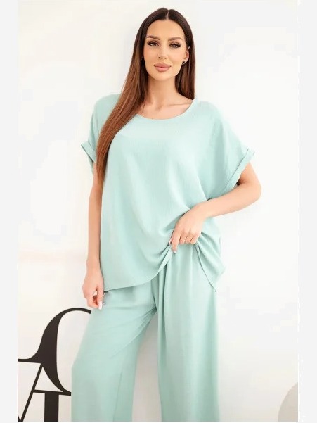 Dámsky komplet Plus Size blúzka a nohavice so širokou nohavicou tmavá mentolová