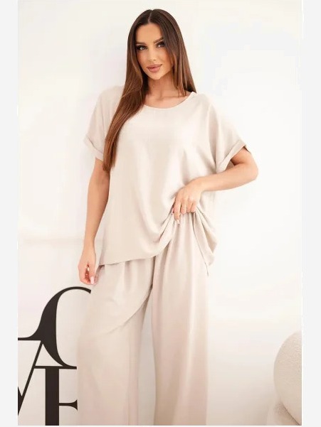 Dámsky komplet Plus Size blúzka a nohavice so širokými nohavicami bežový