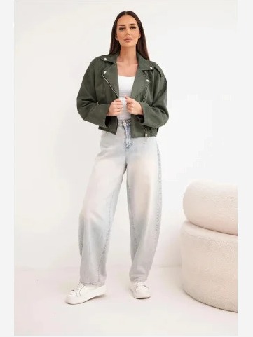 Dámska semišová viskózová bunda s asymetrickým zipsom khaki