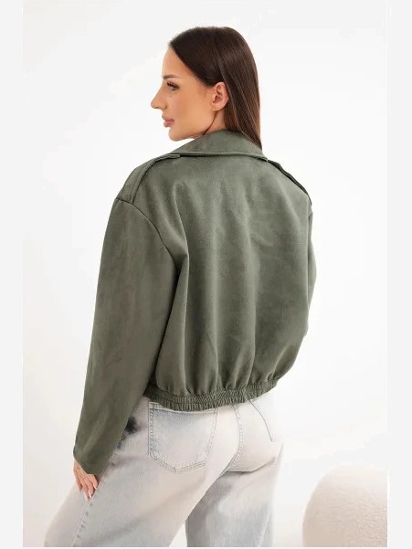 Dámska semišová viskózová bunda s asymetrickým zipsom khaki