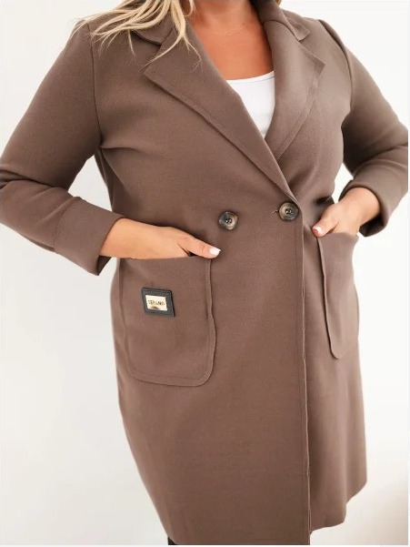 Elegantný dámsky kabát Plus Size s golierom a veľkými vreckami fango