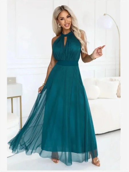 662-4 Elegantné večerné maxi šaty halter so štýlom a zaväzovaním v páse - zelené