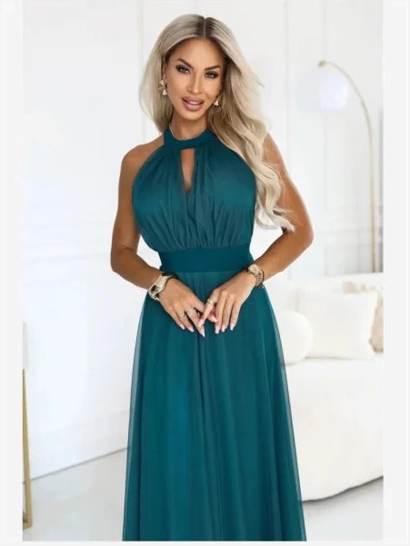 662-4 Elegantné večerné maxi šaty halter so štýlom a zaväzovaním v páse - zelené