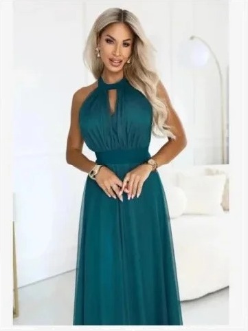 662-4 Elegantné večerné maxi šaty halter so štýlom a zaväzovaním v páse - zelené