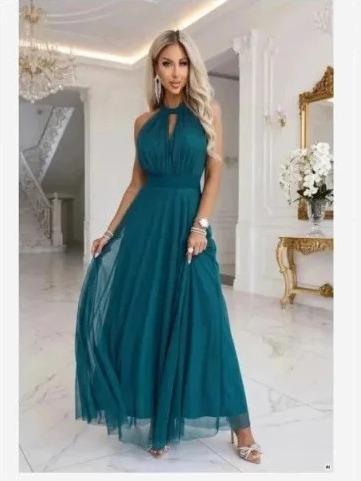 662-4 Elegantné večerné maxi šaty halter so štýlom a zaväzovaním v páse - zelené