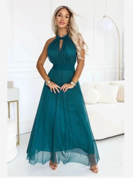 662-4 Elegantné večerné maxi šaty halter so štýlom a zaväzovaním v páse - zelené