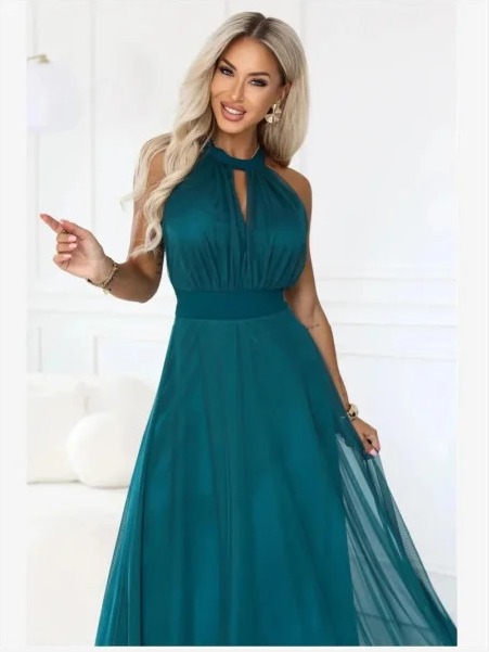 662-4 Elegantné večerné maxi šaty halter so štýlom a zaväzovaním v páse - zelené