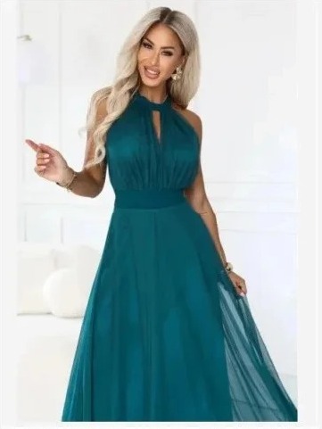 662-4 Elegantné večerné maxi šaty halter so štýlom a zaväzovaním v páse - zelené