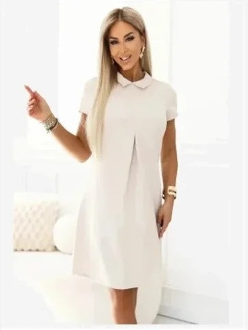 688-1 LIORA Elegantné lichobežníkové mini šaty s golierom - svetlo béžová