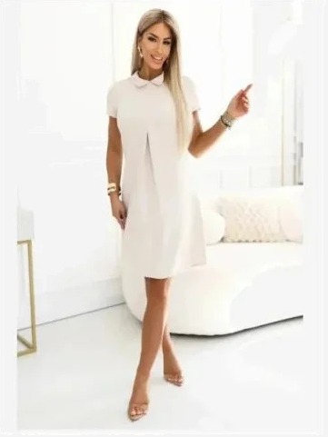 688-1 LIORA Elegantné lichobežníkové mini šaty s golierom - svetlo béžová