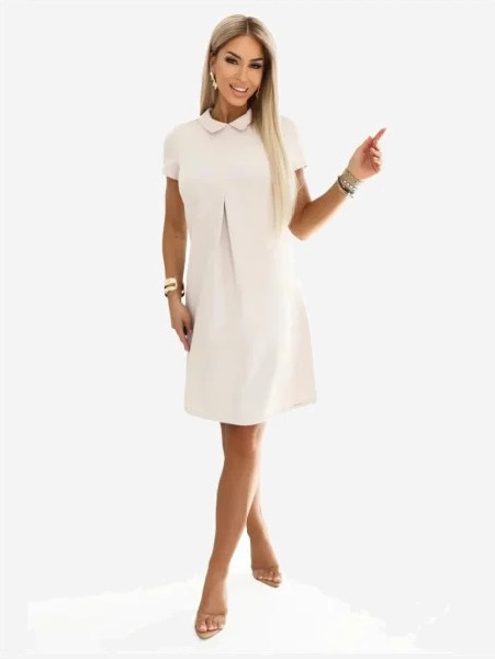 688-1 LIORA Elegantné lichobežníkové mini šaty s golierom - svetlo béžová