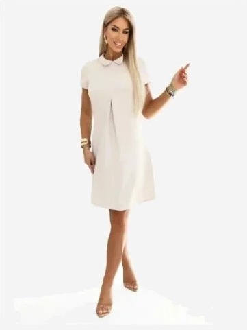 688-1 LIORA Elegantné lichobežníkové mini šaty s golierom - svetlo béžová