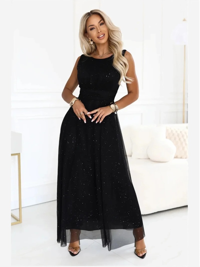 679-4 AVELINE Dlhé maxi šaty s trblietavým tylom a okrúhlym výstrihom - čierne