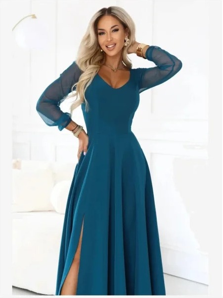 640-7 LORETTA Výnimočné dlhé šaty s tylovými rukávmi a výstrihom - morská zelená