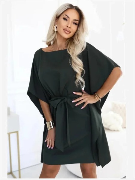 287-46 SOFIA Dámske šaty typu motýľ s viazaním v páse - tmavo khaki