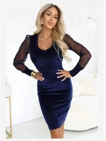 343-3 Elegantné priliehavé zamatové šaty s tylovými rukávmi - tmavomodrá