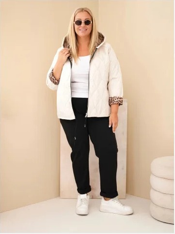 Dámska bunda Plus Size s kapucňou a leopardím lemovaním svetlo béžová