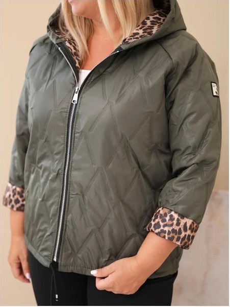 Dámska bunda Plus Size s kapucňou a leopardím lemovaním khaki