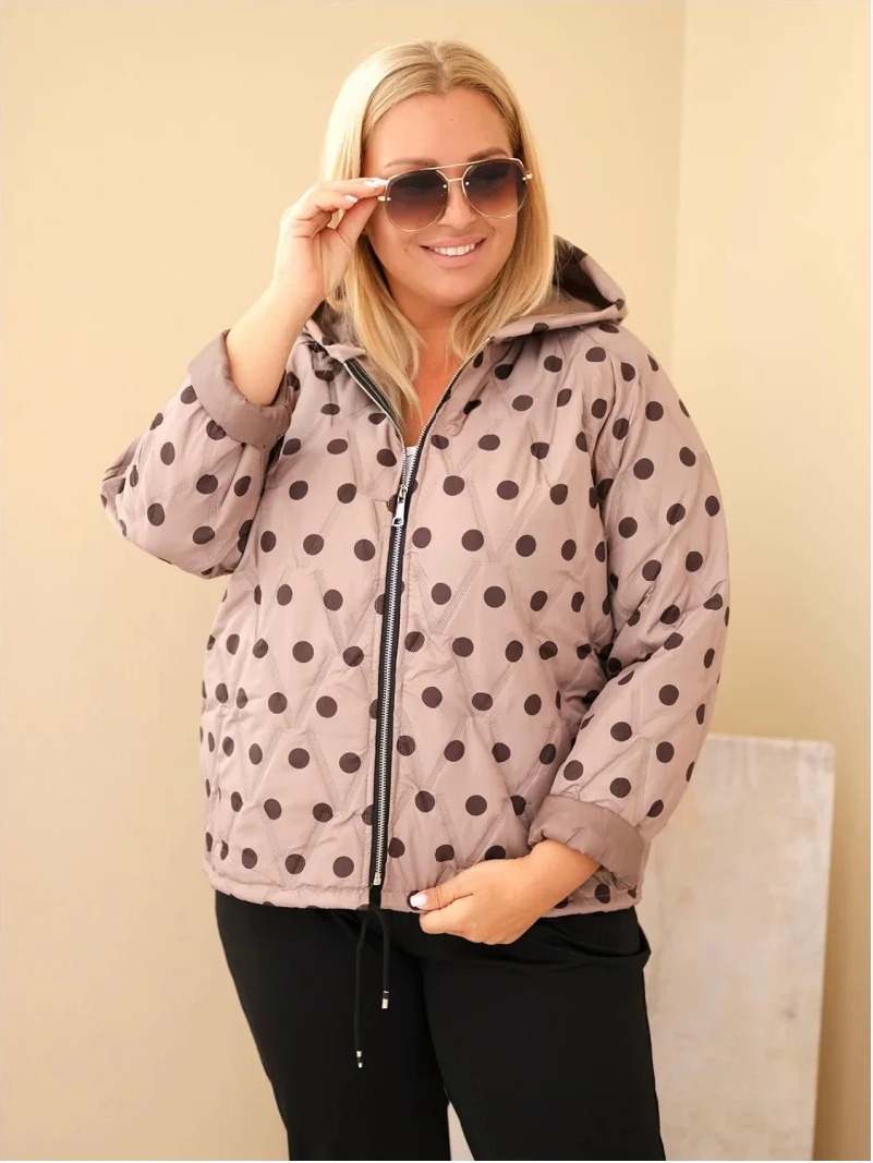 Dámska bunda Plus Size s bodkami s kapucňou fango zelená