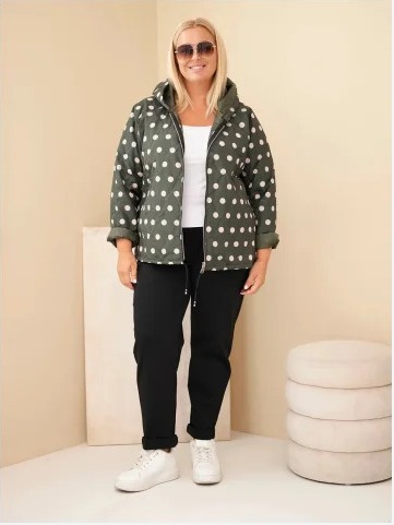 Dámska bunda Plus Size s kapucňou a bodkami khaki