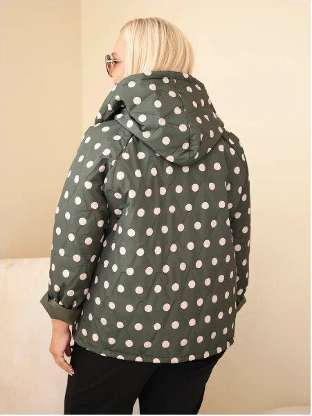Dámska bunda Plus Size s kapucňou a bodkami khaki