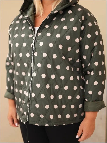 Dámska bunda Plus Size s kapucňou a bodkami khaki