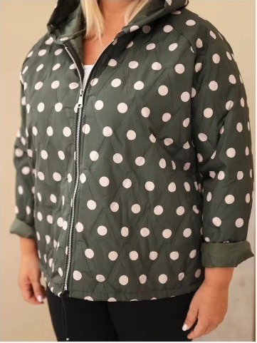 Dámska bunda Plus Size s kapucňou a bodkami khaki