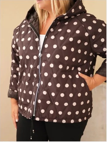 Dámska bunda Plus Size bodkovaná s kapucňou hnedá