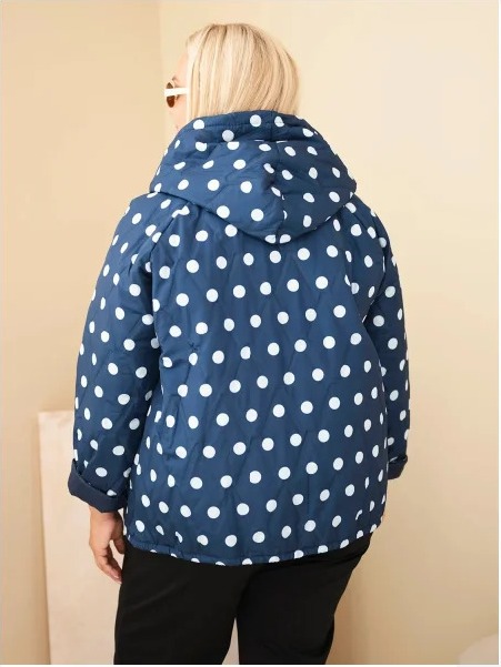 Dámska bunda Plus Size s kapucňou a bodkami modrá