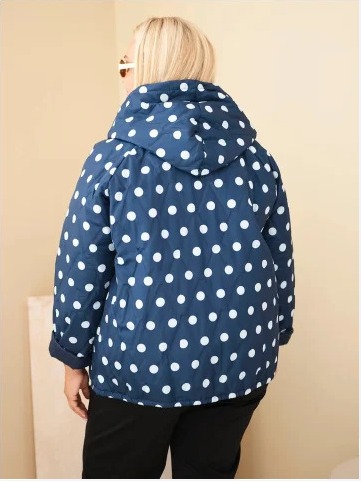 Dámska bunda Plus Size s kapucňou a bodkami modrá
