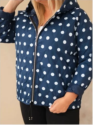 Dámska bunda Plus Size s kapucňou a bodkami modrá