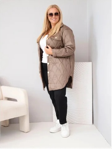 Dámska bunda Plus Size prešívaná s golierom a vreckami fango zelená