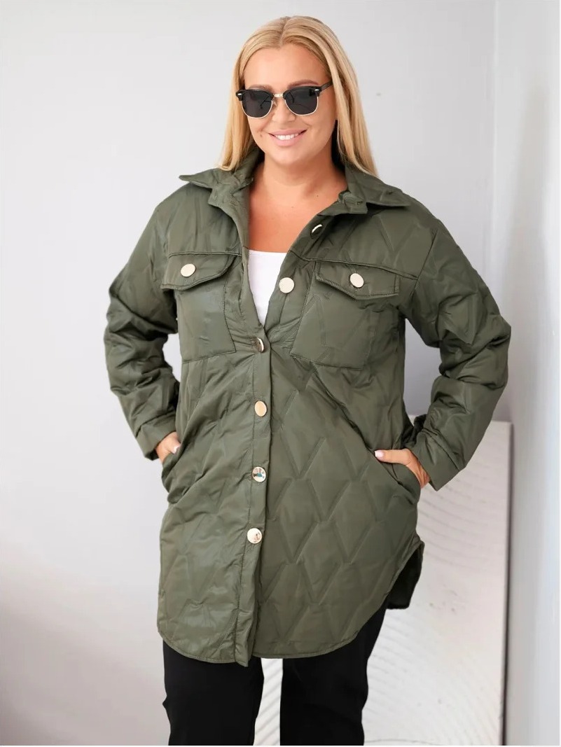 Dámska bunda Plus Size prešívaná s golierom a vreckami khaki