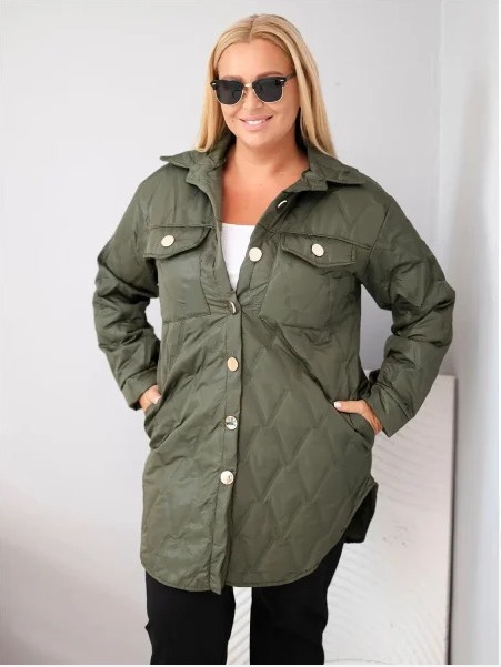 Dámska bunda Plus Size prešívaná s golierom a vreckami khaki