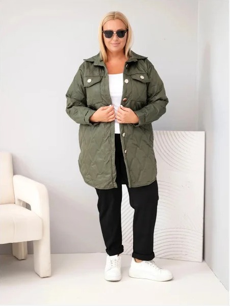 Dámska bunda Plus Size prešívaná s golierom a vreckami khaki
