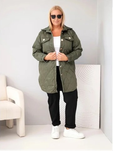 Dámska bunda Plus Size prešívaná s golierom a vreckami khaki