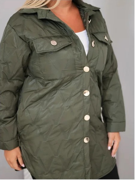 Dámska bunda Plus Size prešívaná s golierom a vreckami khaki