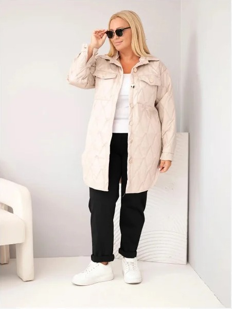 Dámska bunda Plus Size prešívaná s golierom a vreckami tmavohnedá