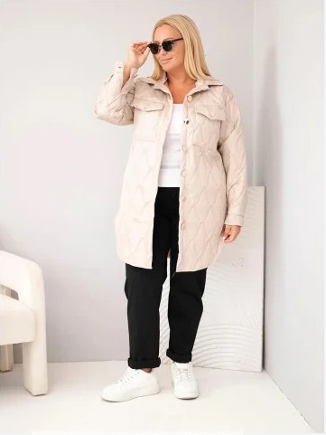 Dámska bunda Plus Size prešívaná s golierom a vreckami tmavohnedá