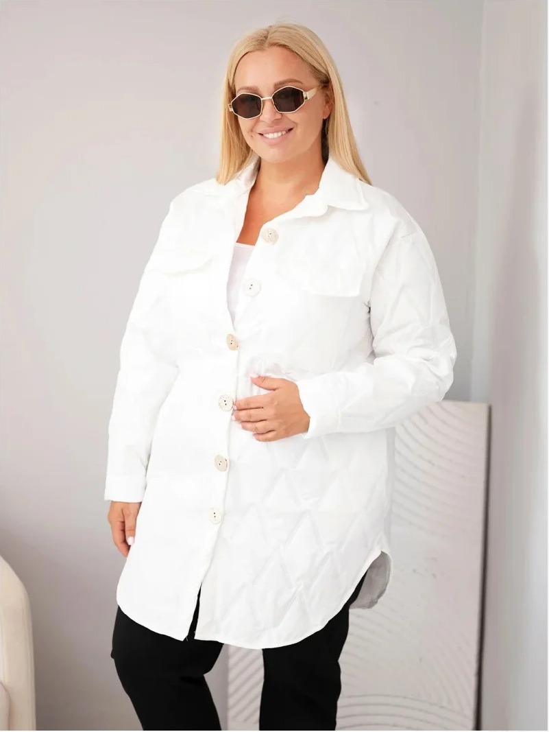 Dámska bunda Plus Size prešívaná s golierom a vreckami biela