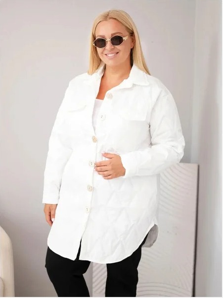 Dámska bunda Plus Size prešívaná s golierom a vreckami biela