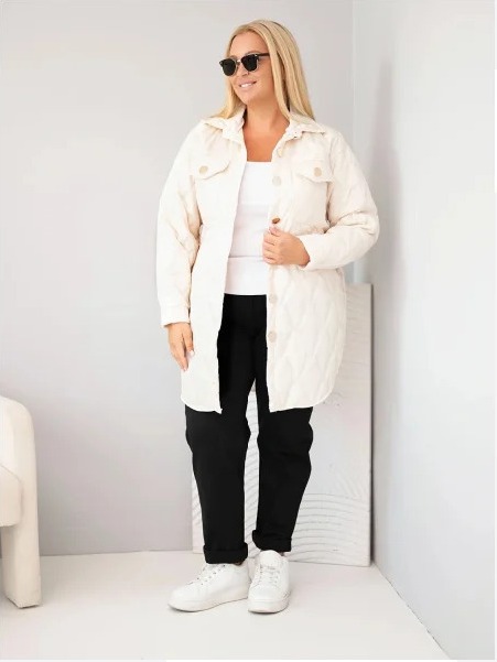 Dámska bunda Plus Size prešívaná s golierom a vreckami béžová svetlá