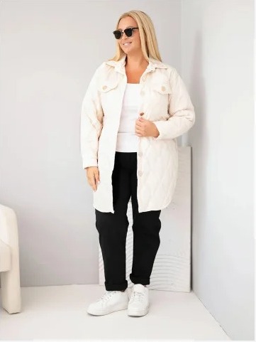 Dámska bunda Plus Size prešívaná s golierom a vreckami béžová svetlá