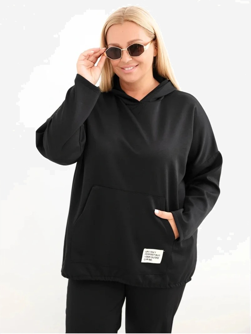 Dámska mikina Plus Size z viskózy s kapucňou a klokankovým vreckom čierna