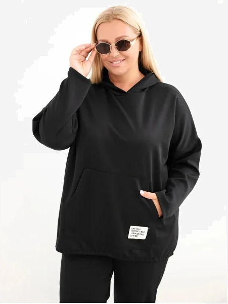 Dámska mikina Plus Size z viskózy s kapucňou a klokankovým vreckom čierna