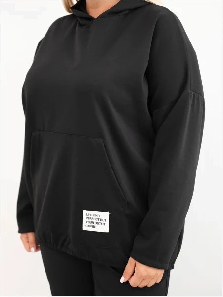 Dámska mikina Plus Size z viskózy s kapucňou a klokankovým vreckom čierna