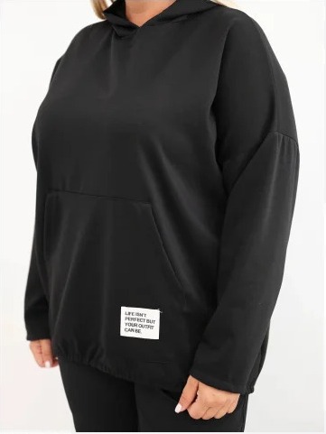 Dámska mikina Plus Size z viskózy s kapucňou a klokankovým vreckom čierna