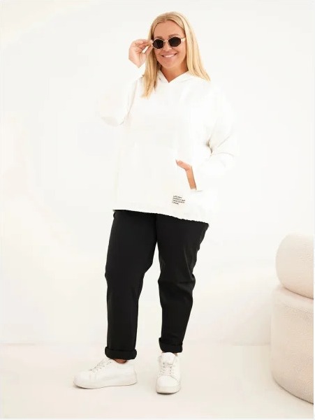 Dámska mikina Plus Size viskózová s kapucňou a klokankovým vreckom ecru