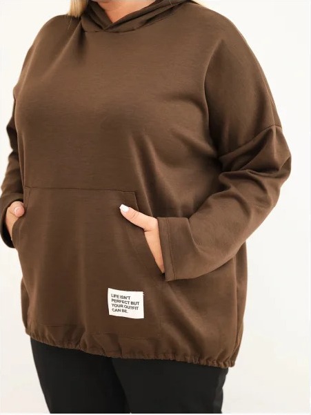 Dámska mikina Plus Size z viskózy s kapucňou a klokankovým vreckom hnedá
